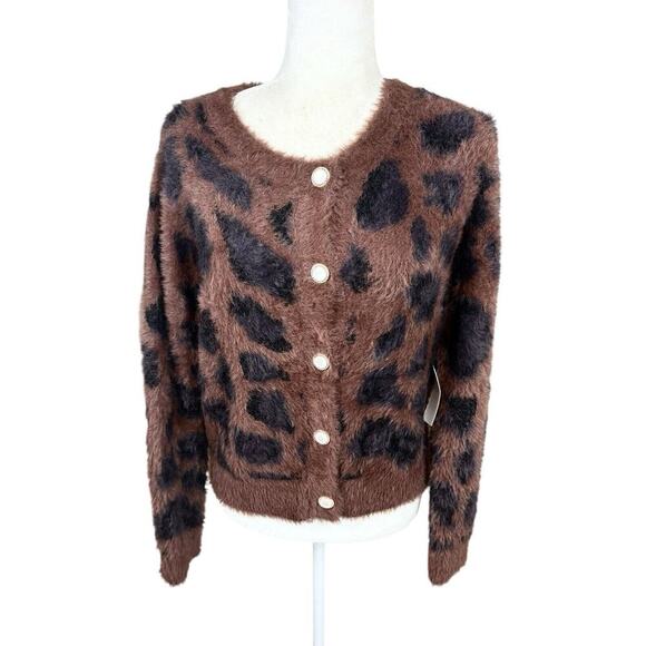 Threaded Leaf Cardigan Womens Size M Brown Leopard Print Fuzzy Cozy Sweater New - Picture 2 of 16